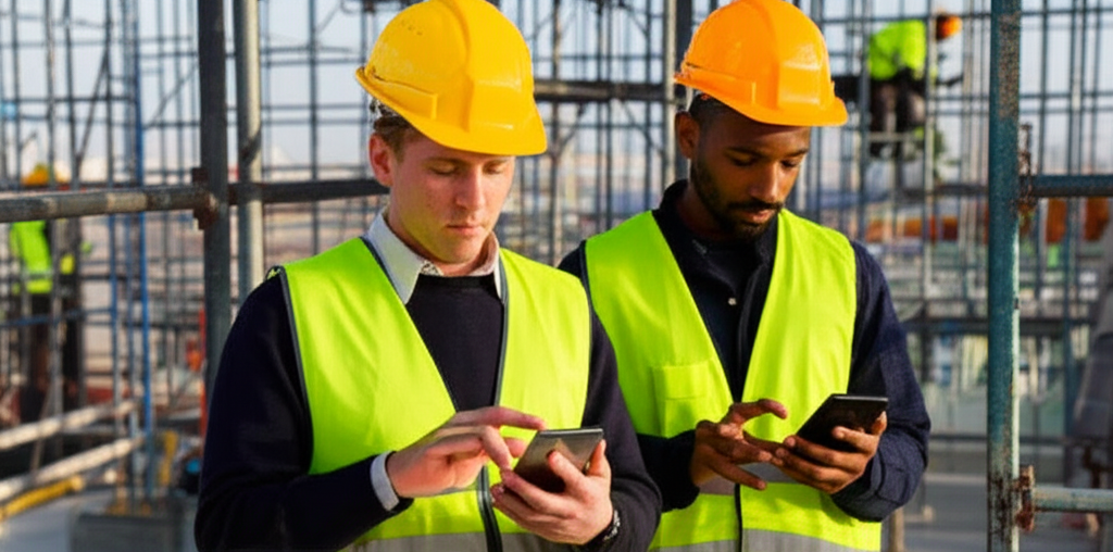 Construction workers in hard hats using mobile devices on site with scaffolding